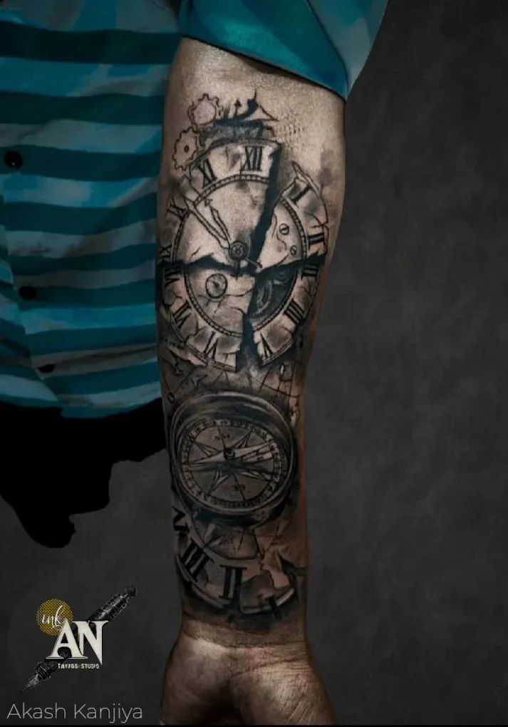 Broken clock and compass tattoo sleeve
